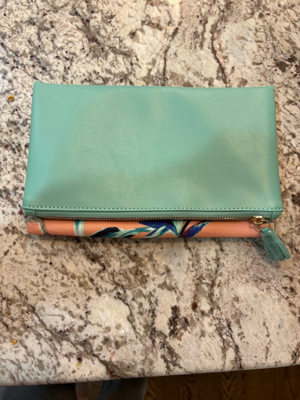 Rachel Pally Mint Green and Coral Fold-Over Cosmetic Pouch